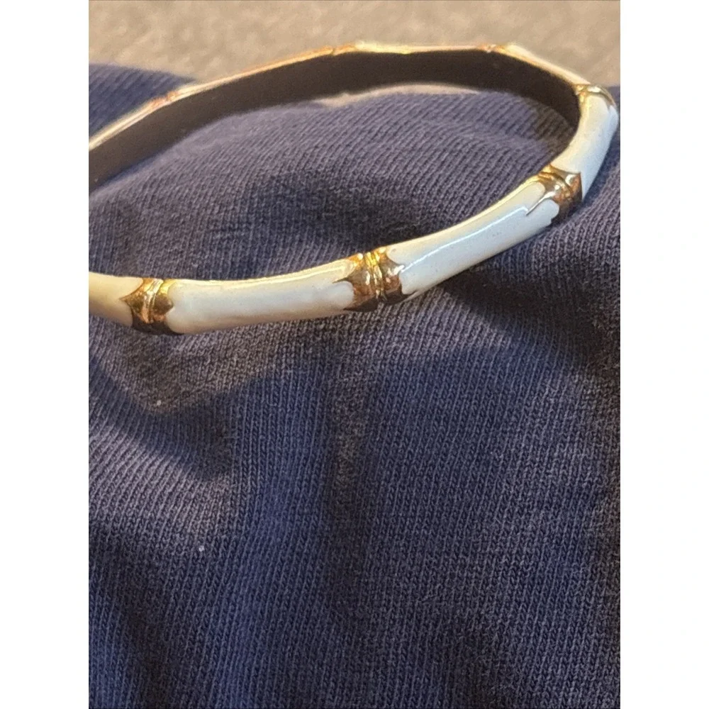 Vintage Enamel Bamboo Gold Tone Bracelet Molded 80's White Coastal Bangle